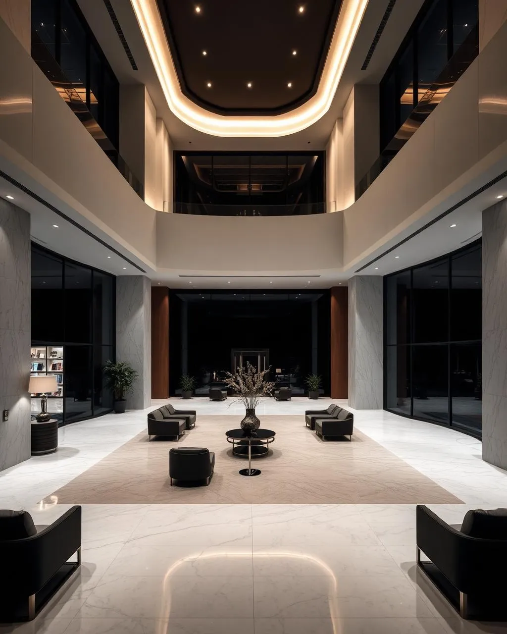 Lobby amplo de edifício com piso claro, sofás pretos e iluminação embutida no teto