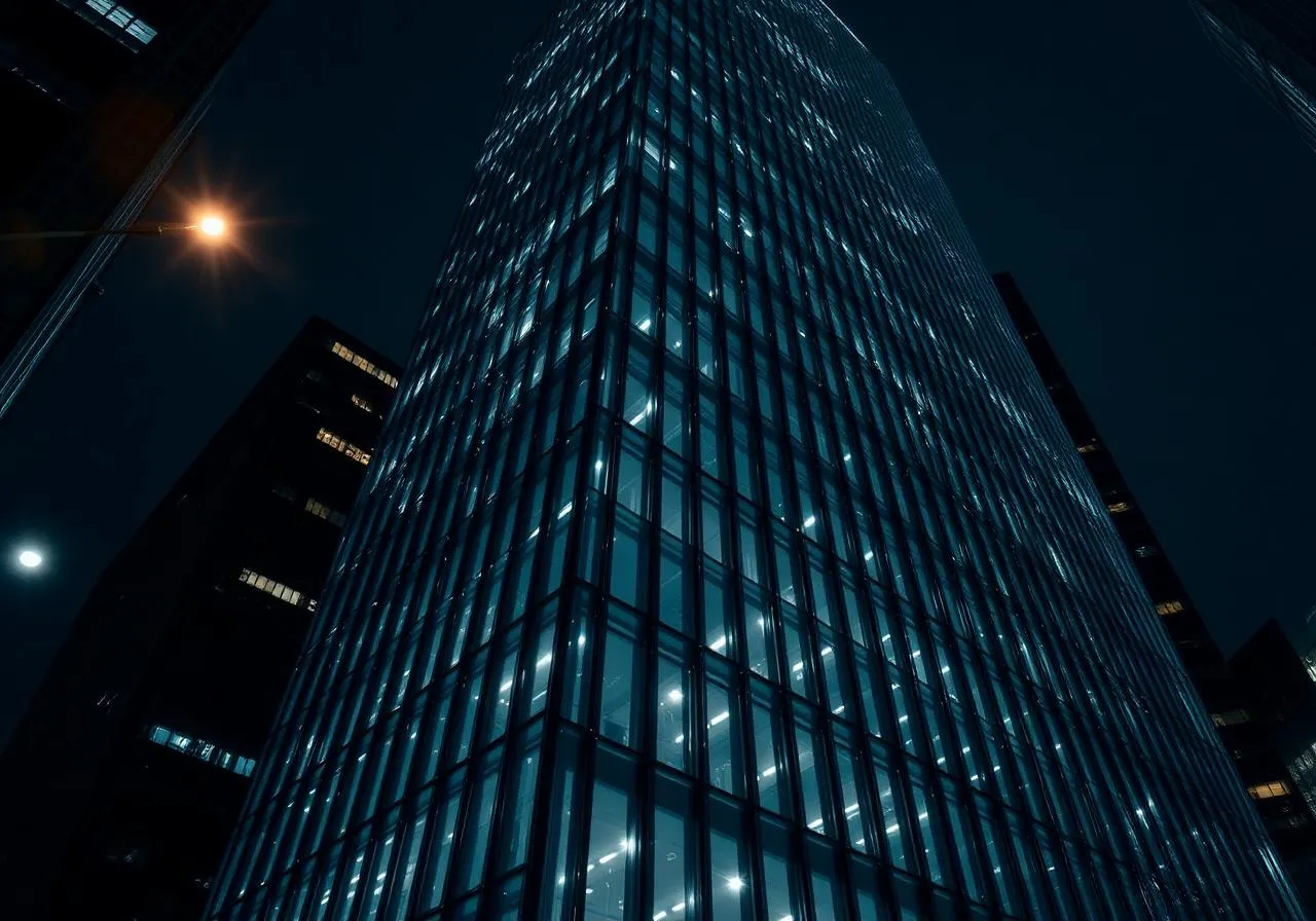 Torre corporativa de vidro vista de baixo, iluminada à noite