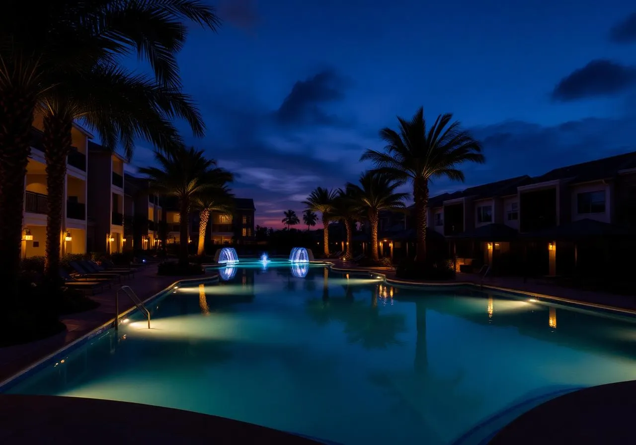 Piscina iluminada à noite cercada por palmeiras e edifícios residenciais baixos