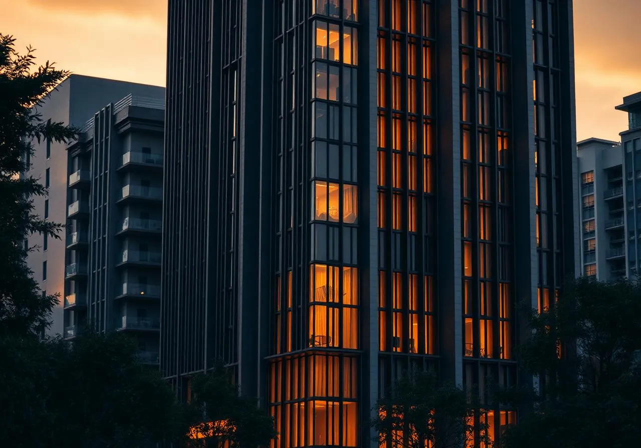 Torre residencial com janelas iluminadas ao entardecer, entre árvores e outros prédios