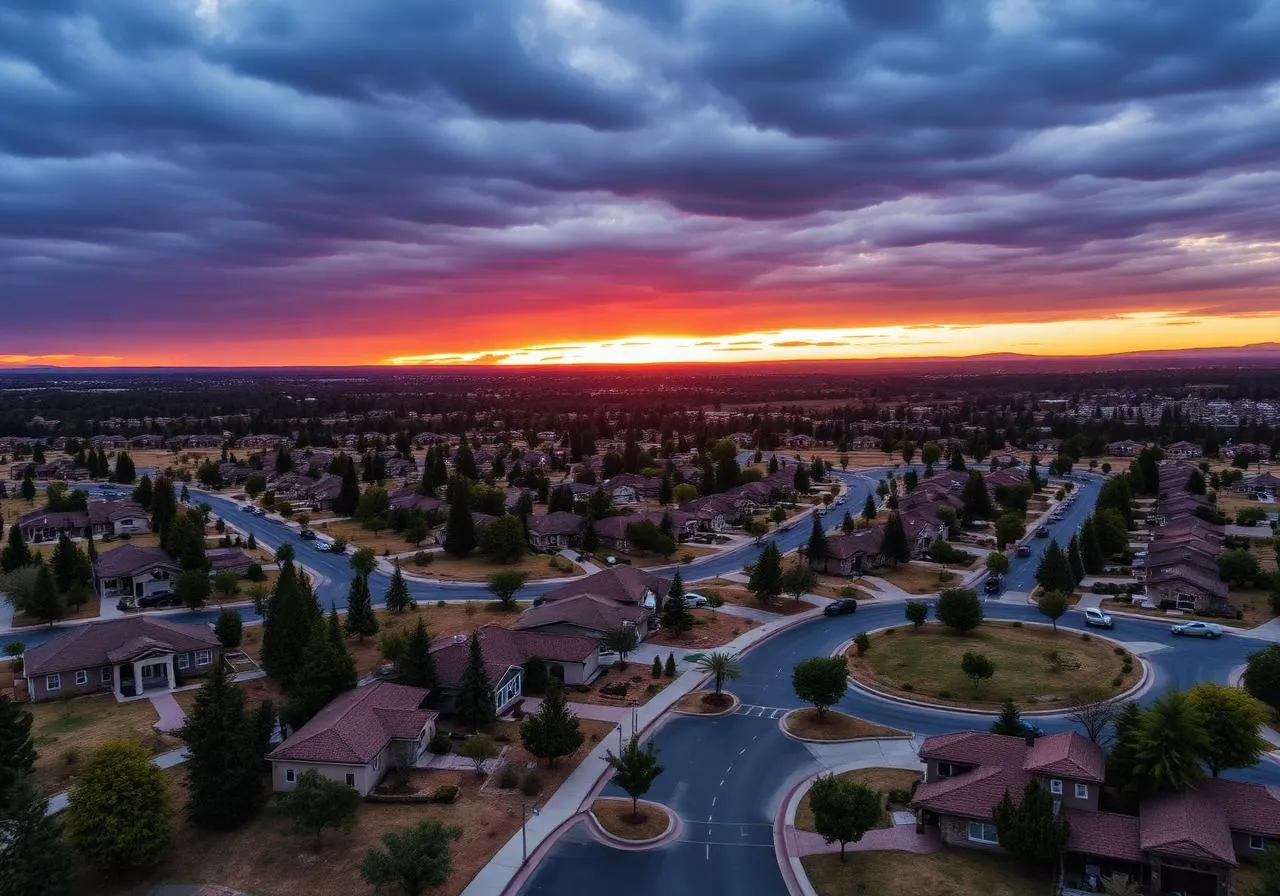 Vista aérea de loteamento residencial com casas e ruas curvas ao pôr do sol