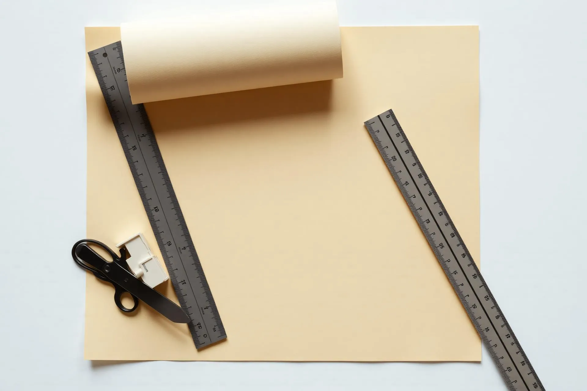 Folha de papel com réguas metálicas e tesoura sobre fundo claro