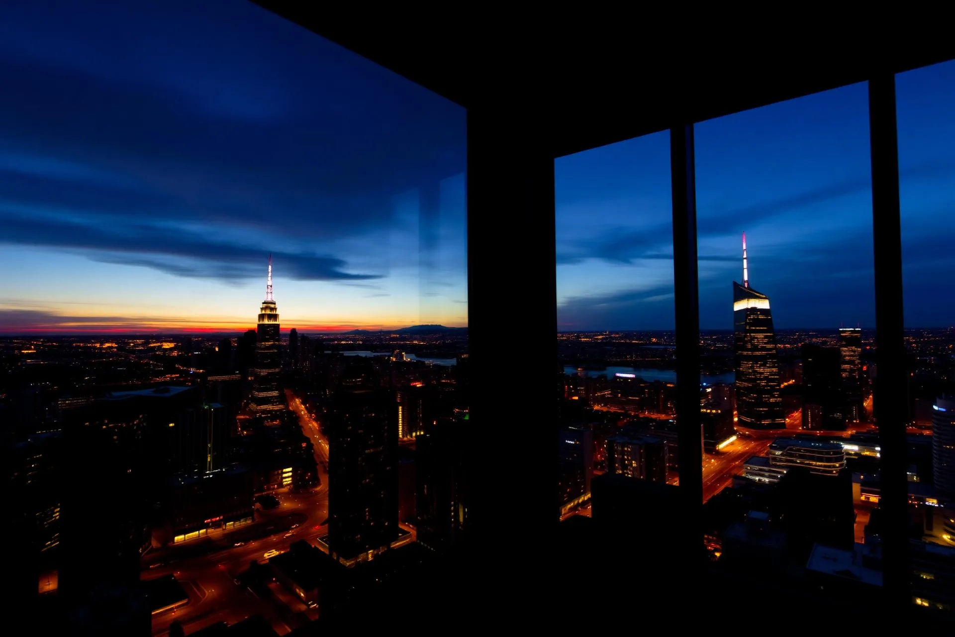 Vista noturna de uma cidade iluminada através de janelas amplas